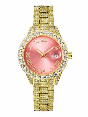 Gold Icy Princess Pink Bling Diamond Watch